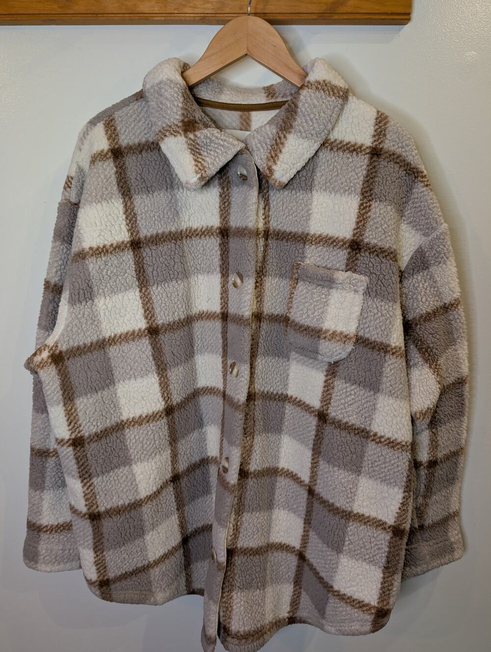 Koolaburra by UGG Plaid Sherpa Shacket Brown Gray Cream Cozy Fleece 1X